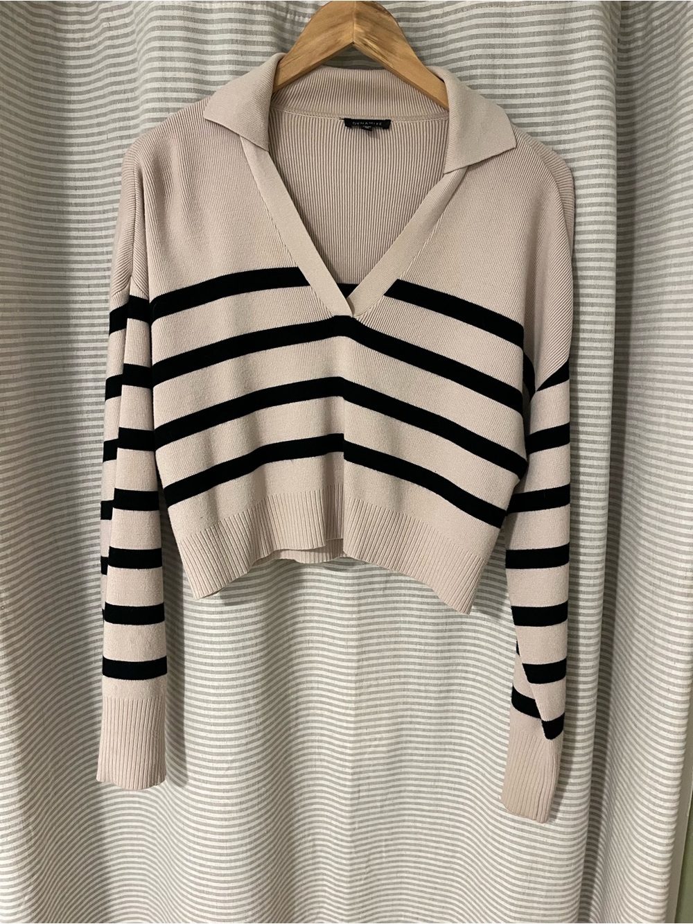 Dynamite Cream V-Neck Collared Sweater with Black Stripes